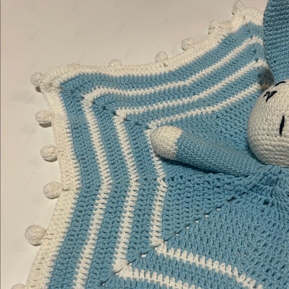 Handmade Blue and White Crochet Bunny Blanket - Picture 4 of 4